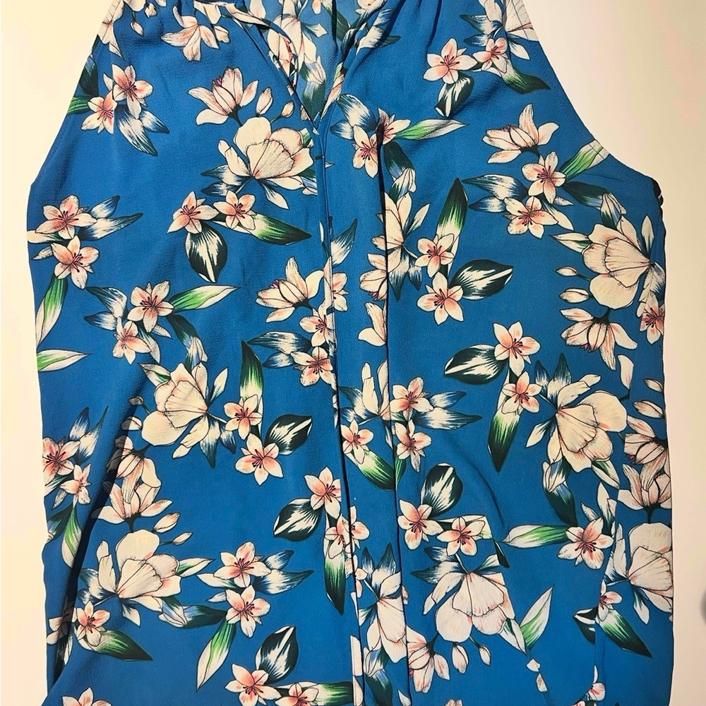 C & E Blue Sleeveless Buttoned Blouse with Mandarin Collar